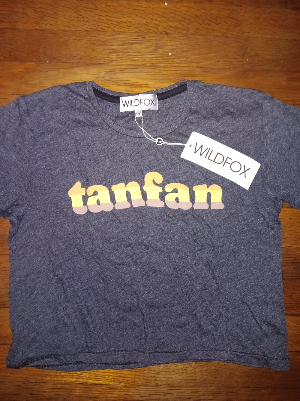 Wildfox Gray Crop Tee with Yellow & Pink Gradient "tanfan" Logo
